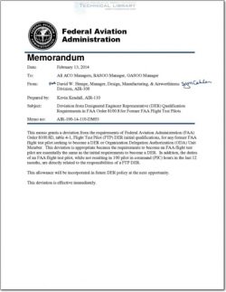 FAA-AIR-100-14-110-DM03 Deviation from Designated Engineer Representative (DER) Qualification Requirements in FAA Order 8100.8 for Former FAA Flight Test Pilots