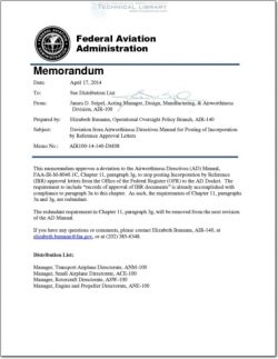 FAA-AIR-100-14-140-DM08 Deviation from Airworthiness Directives Manual for Posting of Incorporation by Reference Approval Letters