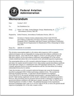 FAA-AIR-100-15-110-DM50 Deviation to FAA Order 8130.2H, Airworthiness Certification of Products and Articles, Chapter 4, Section 6, Paragraph 435b(2), Regarding Light Sport Category