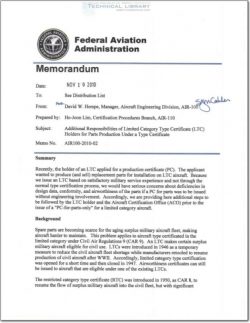 FAA-AIR-100-2010-02 Additional Responsibilities of LTC Holders for Parts Production Under a Type Certificate