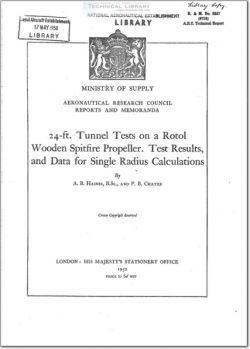 ARC-RM-2357 24-ft. Tunnel Tests on a Rotol Wooden Spitfire Propeller. Test Results, and Data for Single Radius Calculations