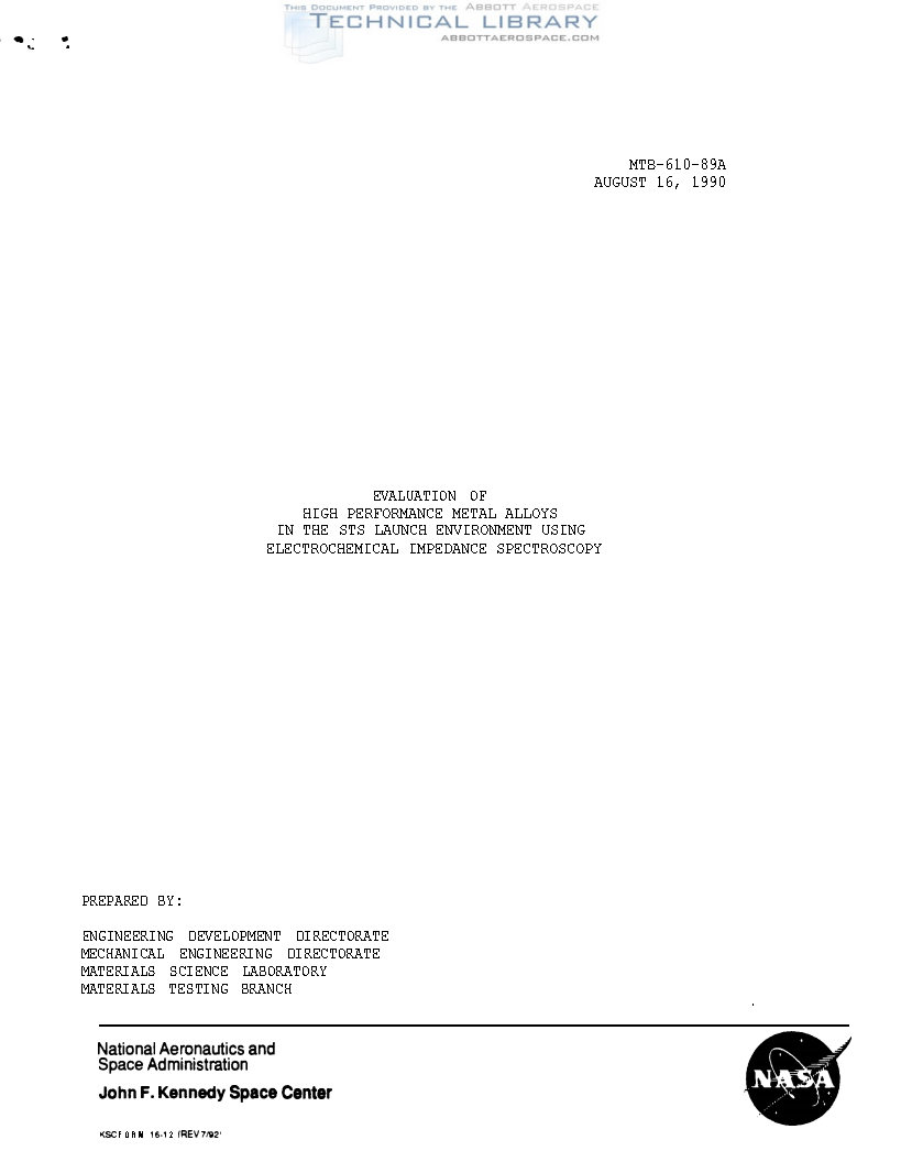 NASA-MTB-610-89A Evaluation of High Performance Metal Alloys in the STS ...