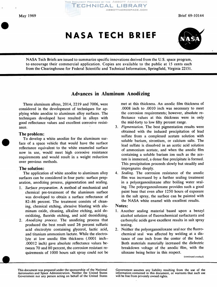 Nasa Mtb Advances In Aluminum Anodizing Abbott Aerospace Uk Ltd